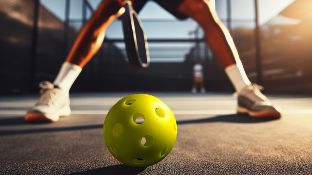 A pickleball player stands tall on the court with a yellow pickleball in the foreground