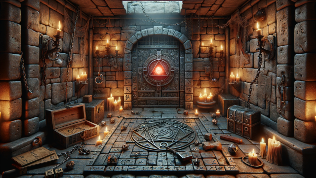 A dungeon based escape room with candles, symbols, treasure, and stone walls