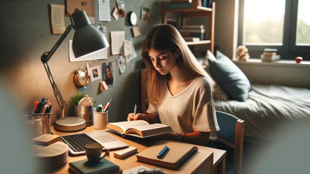 A college student studies in her dorm room using targeted light