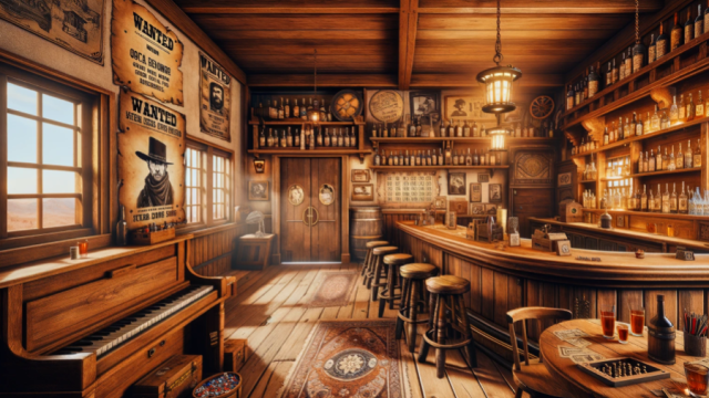 An escape room game based on a Wild West saloon with piano, bar, and wanted posters