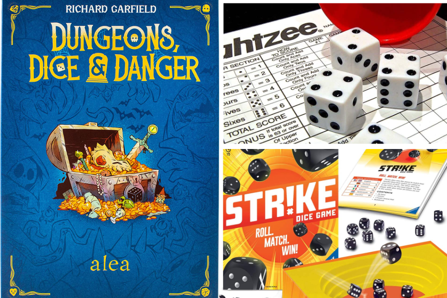 Featured image of three recommended dice games. Strike, Yahtzee, and Dungeons, Dice & Danger