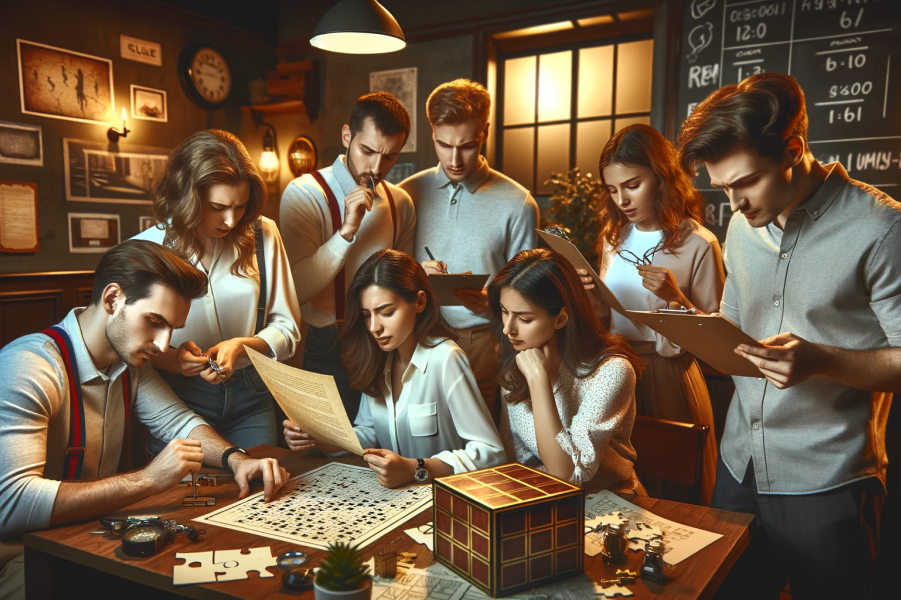 A group of friends works together to solve the puzzles and challenges of an escape room game